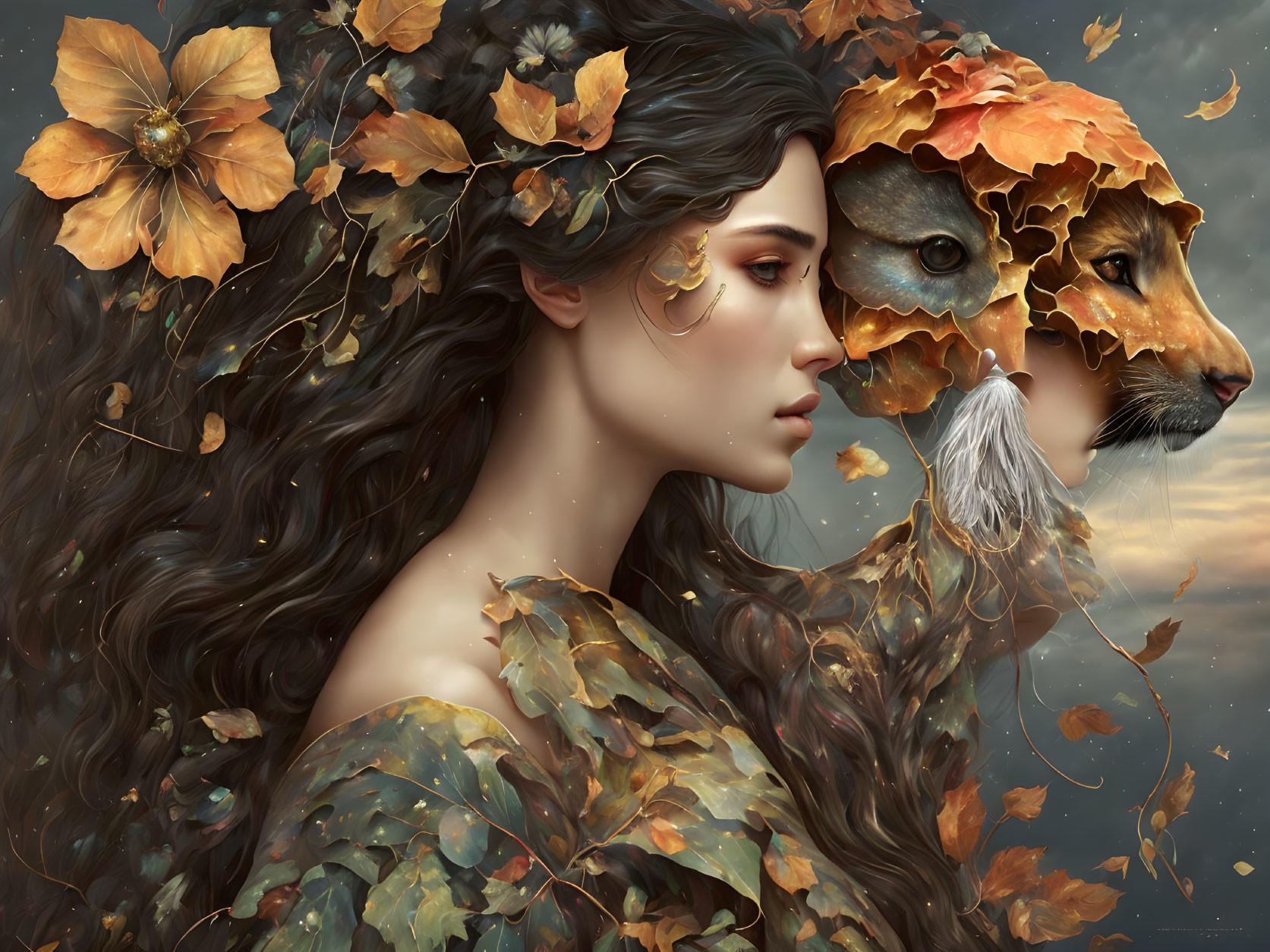 Surreal portrait of woman with leaves and lion face fusion