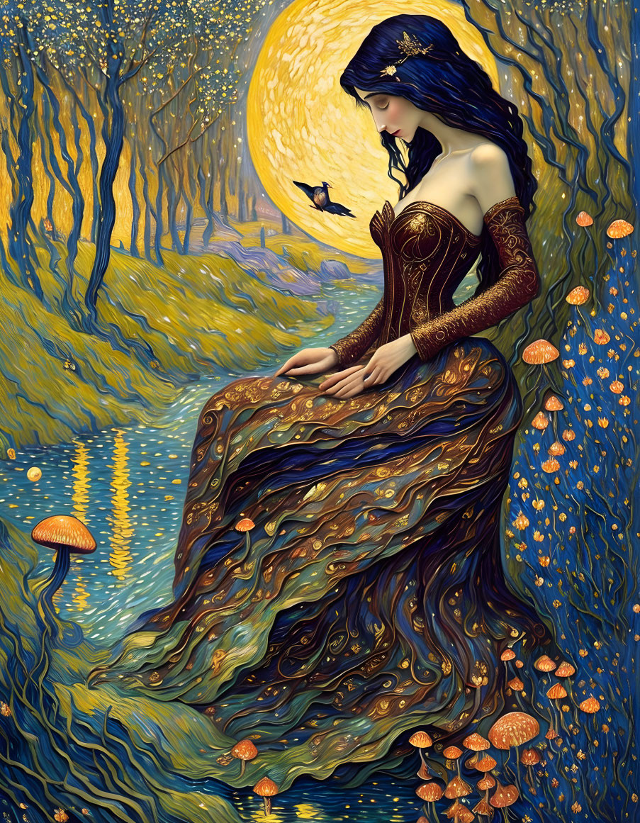 Stylized woman in intricate gown by luminous river