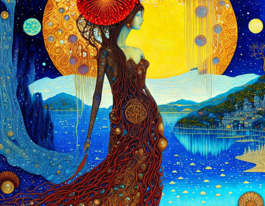 Colorful artwork: Woman with mushroom cap-like headwear, intricate dress patterns, celestial and seascape