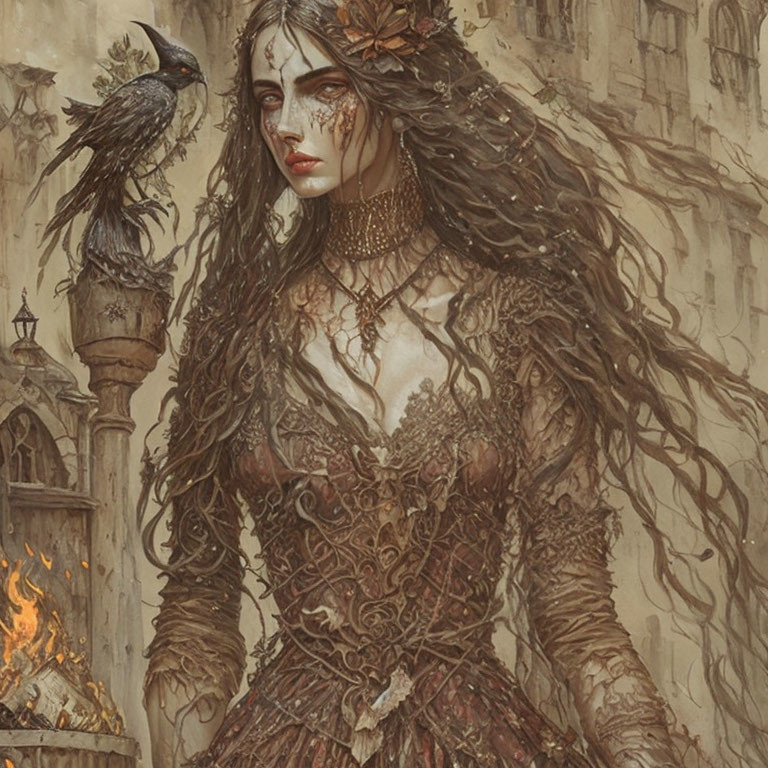 Gothic fantasy art of woman with leafy attire and raven in ruins.