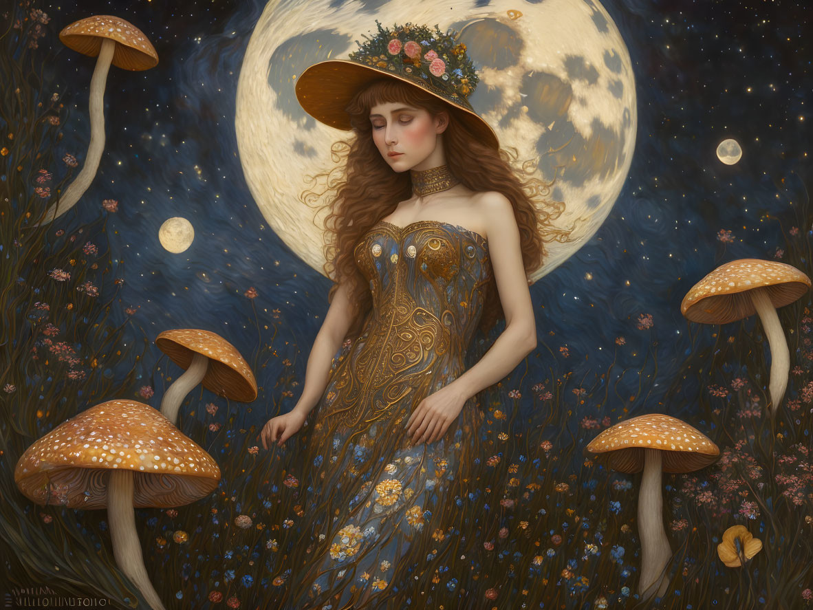 Mystical woman with mushroom hat in moonlit field