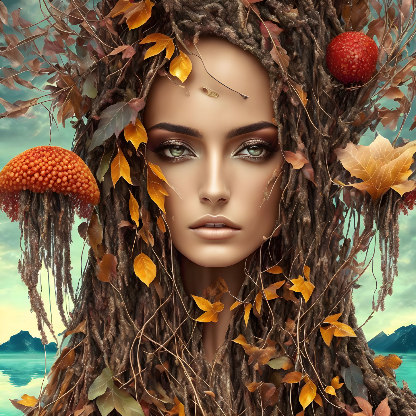 Woman's face digital artwork with tree branches hair and autumn foliage landscape