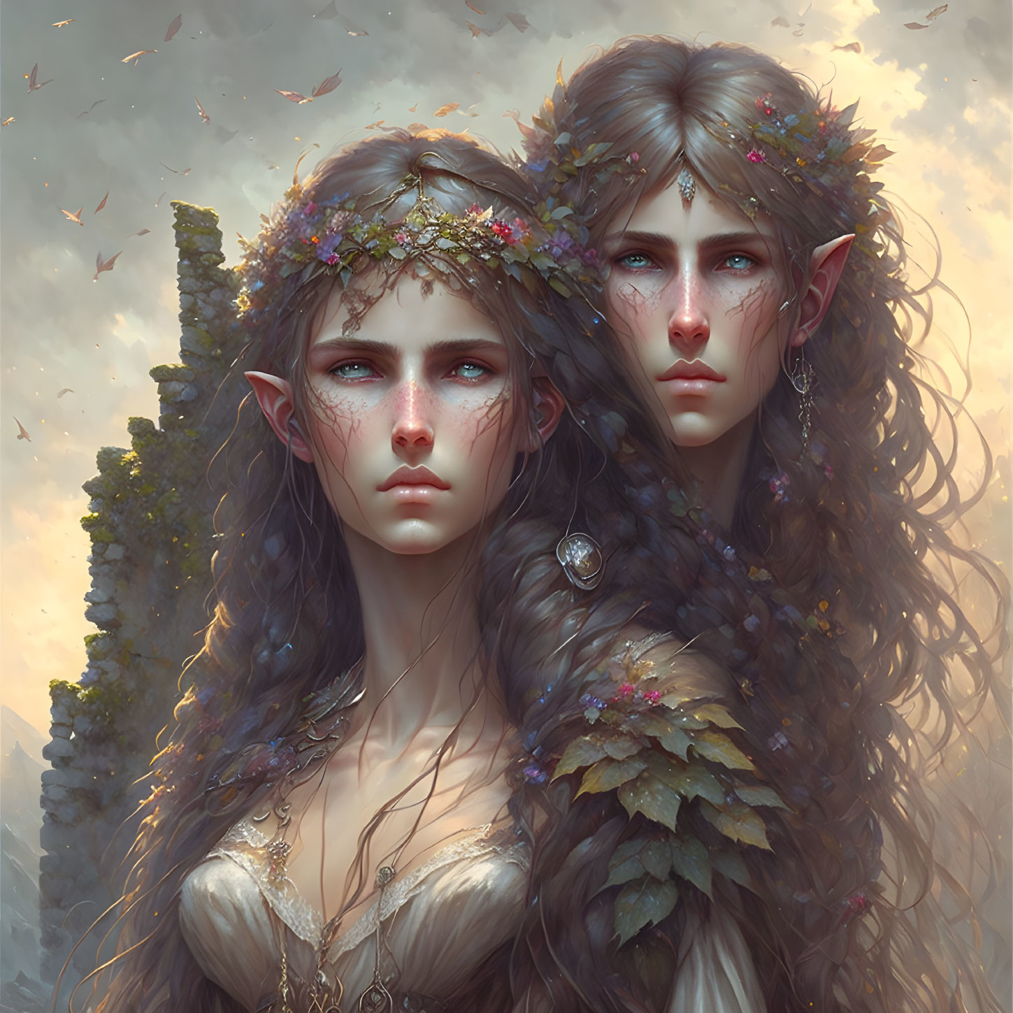 Ethereal figures with pointed ears in nature-themed attire.