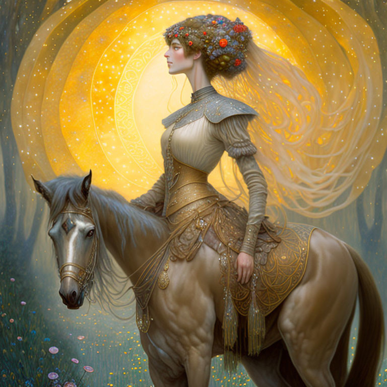 Fantastical illustration of a woman in floral headgear and ornate armor riding a horse.