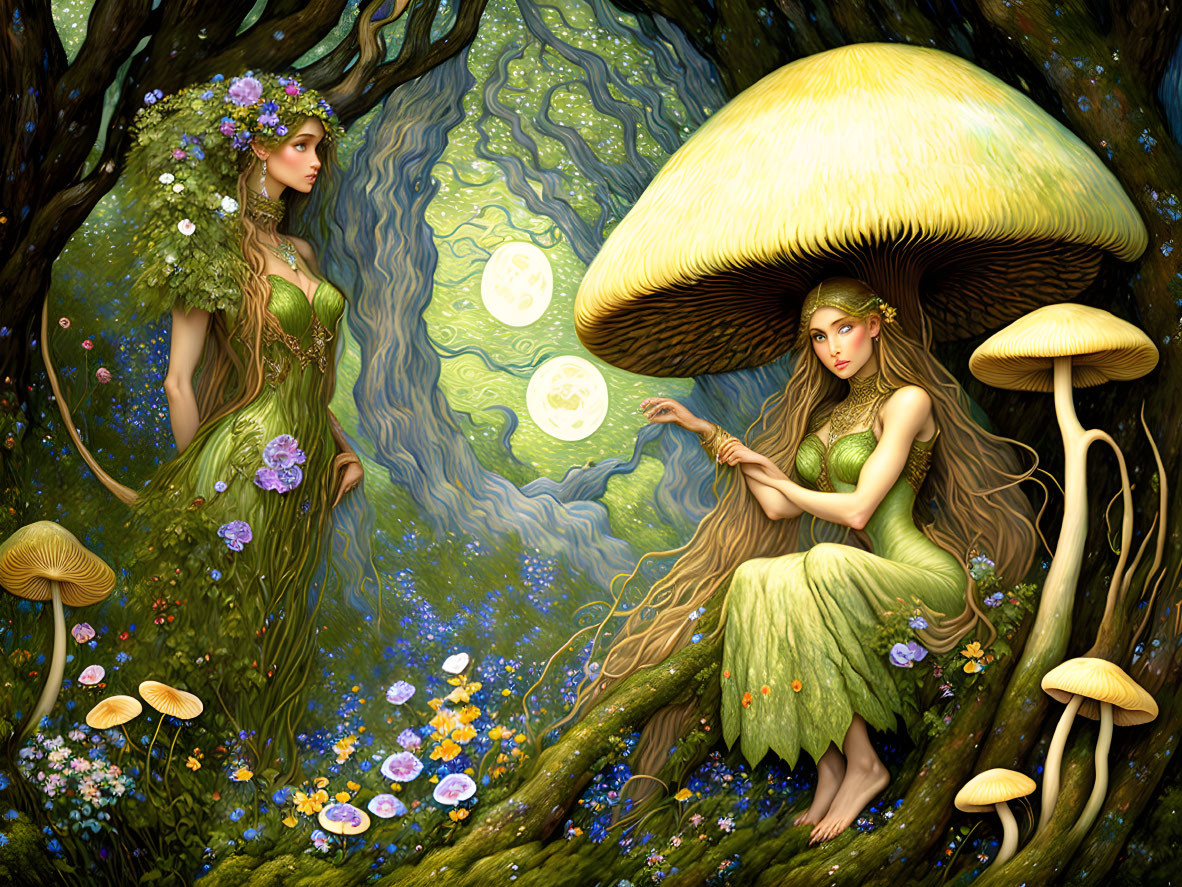 Ethereal fantasy illustration of women in green dresses with flower crowns amid oversized mushrooms and glowing forest