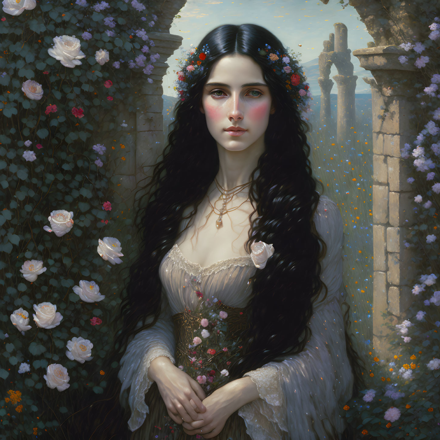 Woman with Black Hair and Floral Crown in Overgrown Garden with White Roses