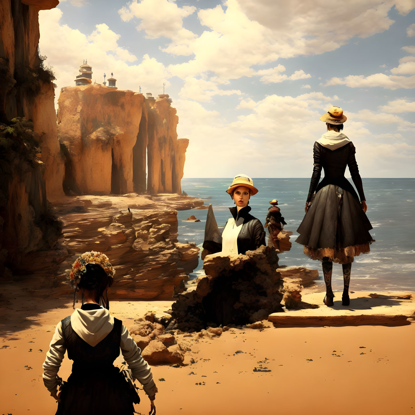 Victorian ladies on sandy beach with cliff and buildings under cloudy sky