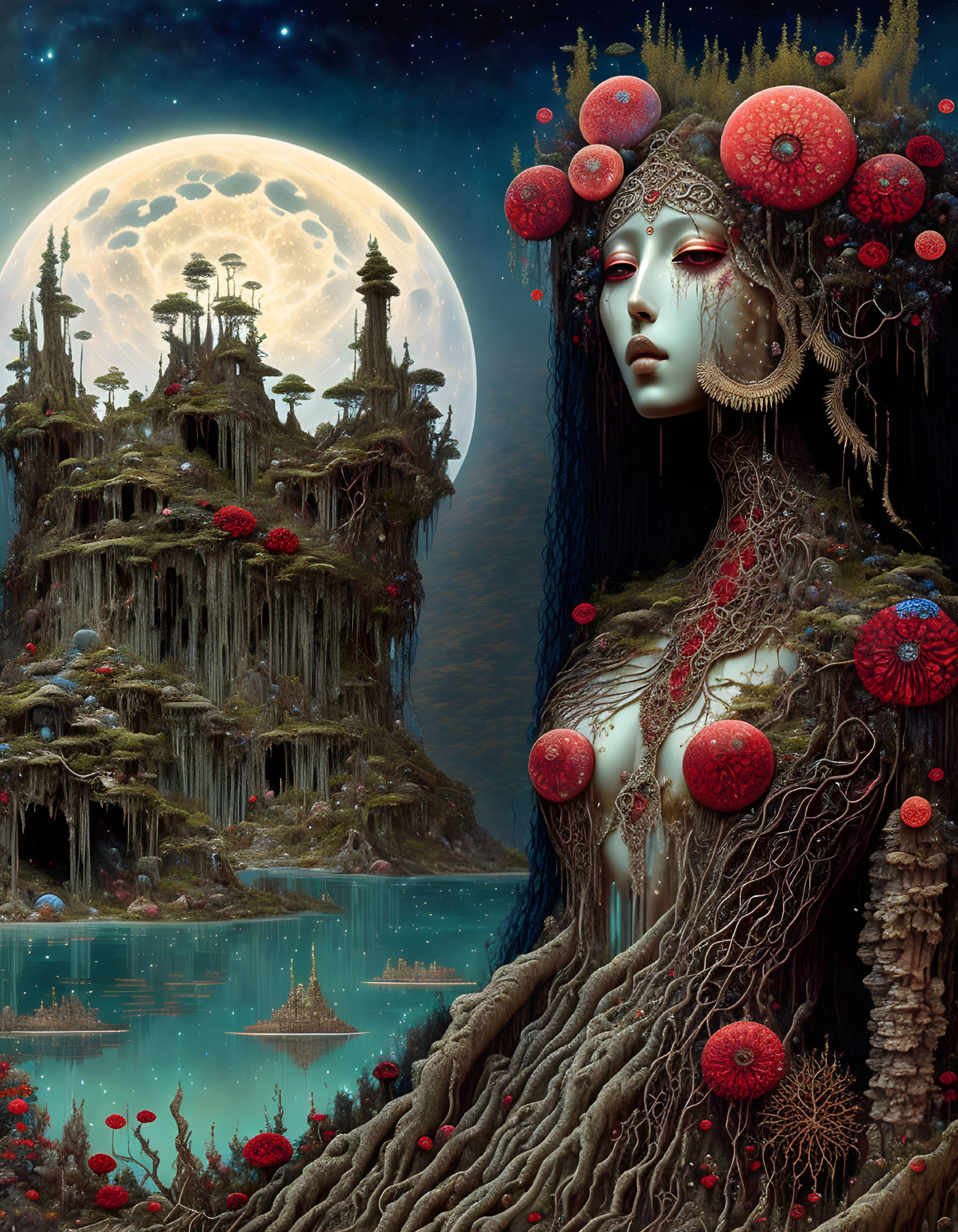 Surreal painting: Woman with forest hair under moon