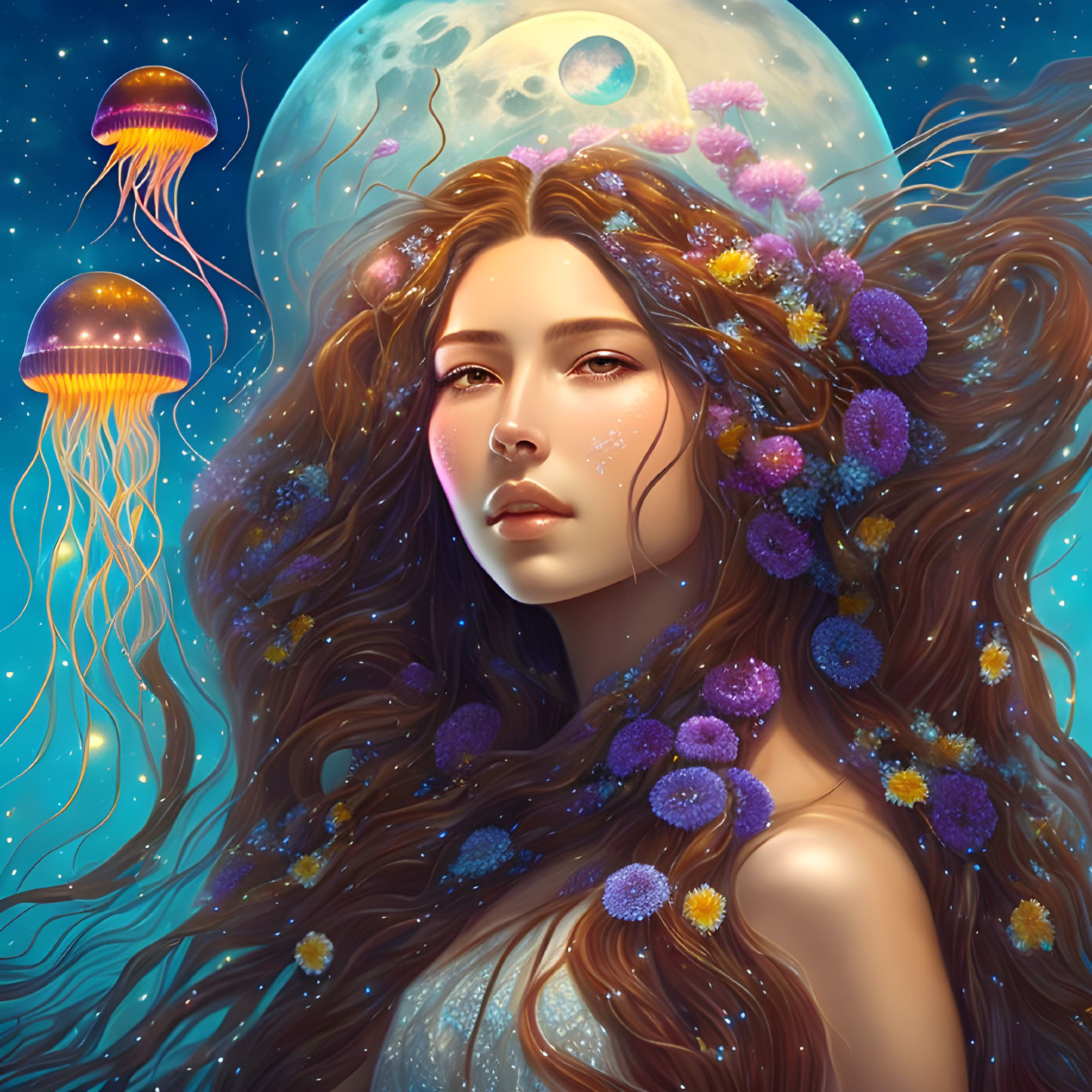 Fantastical portrait of a woman with long hair and flowers under a moonlit sky.