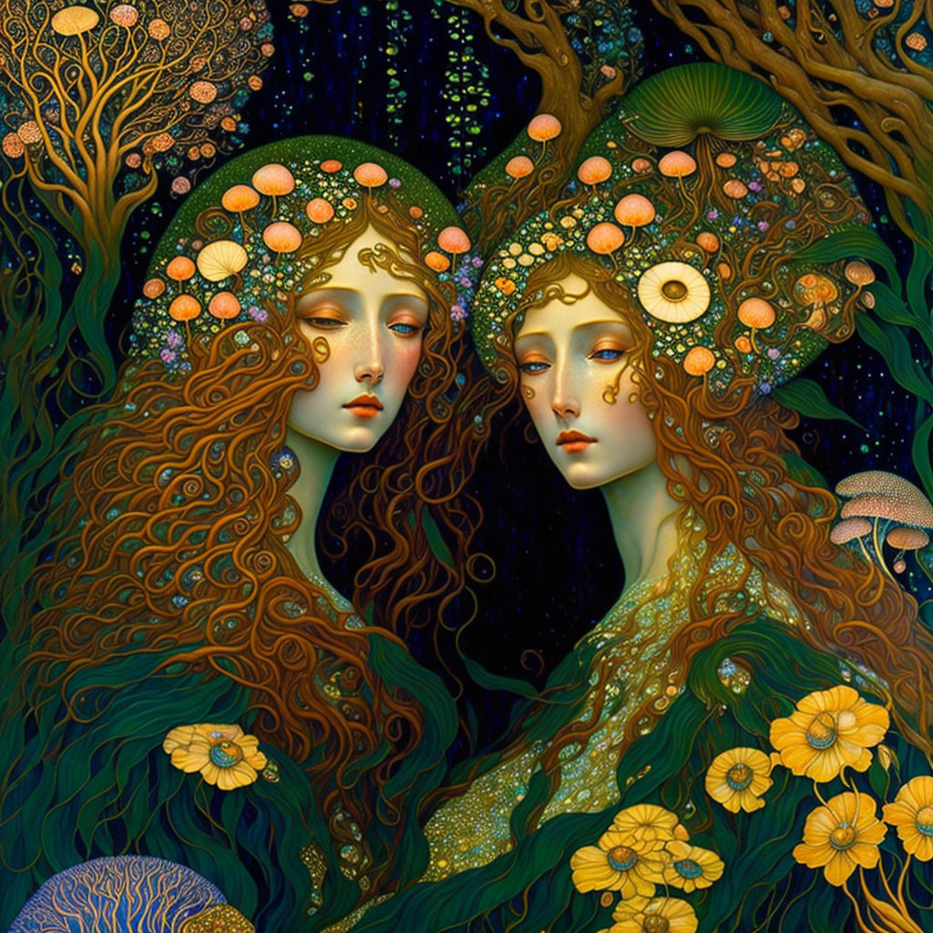 Stylized women with flowing hair in nature setting surrounded by trees and flowers