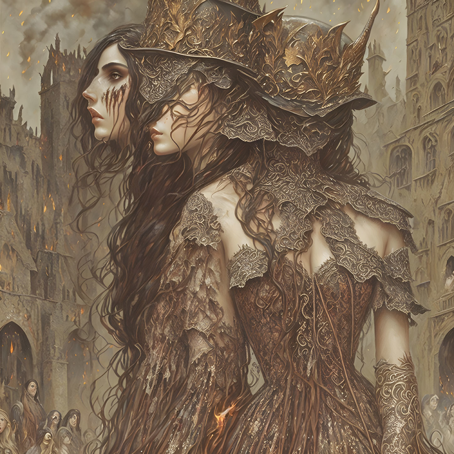 Two women in medieval fantasy attire with ornate crowns and lace, against mystical cityscape.