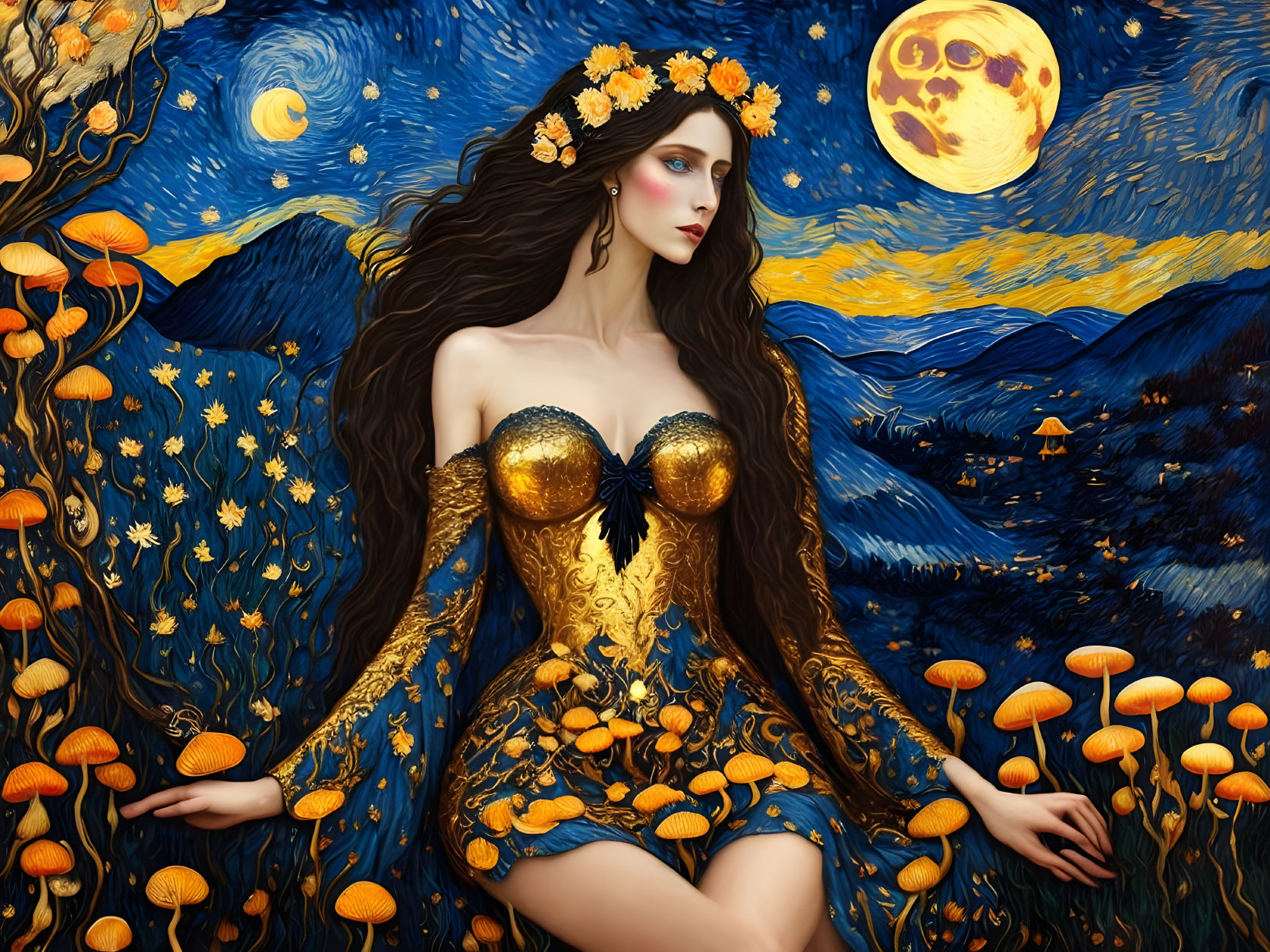 Stylized painting of woman in golden gown amid mystical mushroom landscape