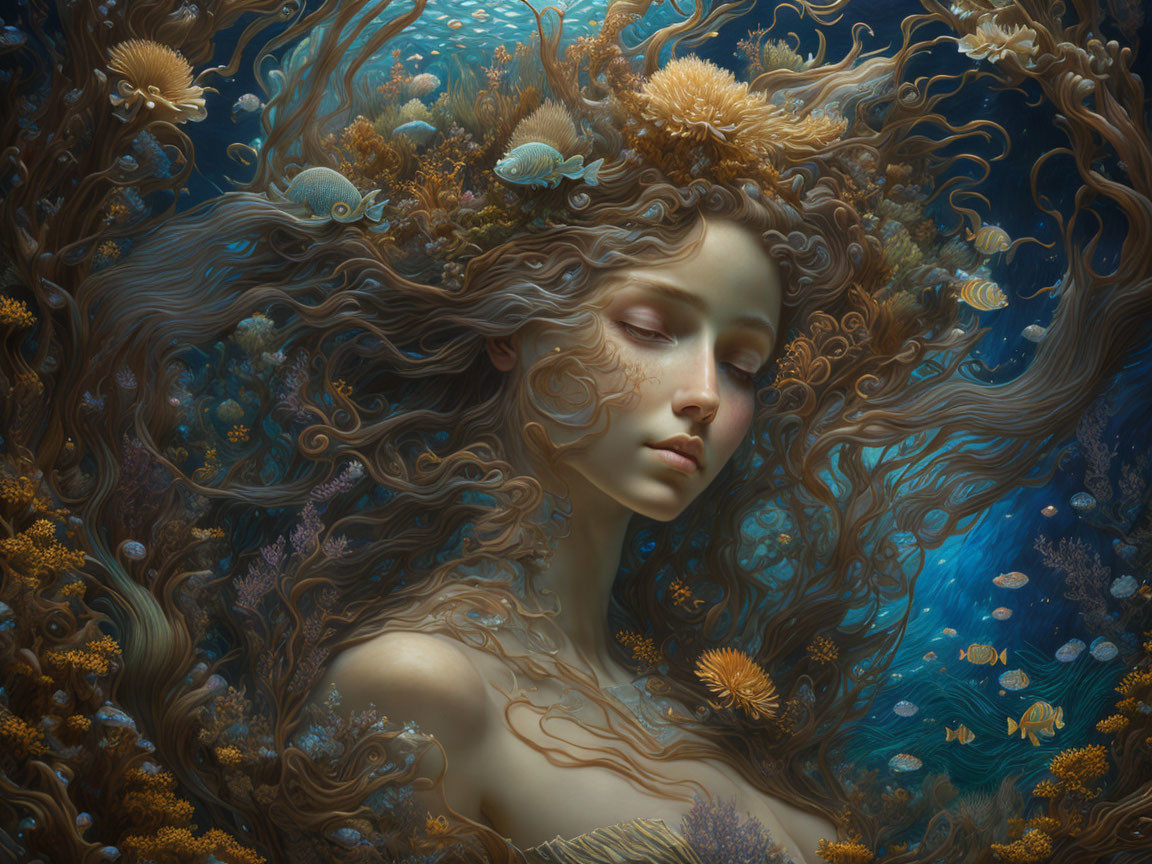 Ethereal underwater portrait of a woman with flowing hair and marine life.