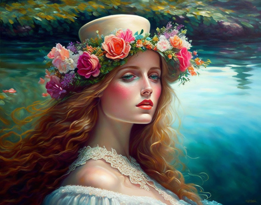 Portrait of Woman with Red Hair and Floral Wreath by Water