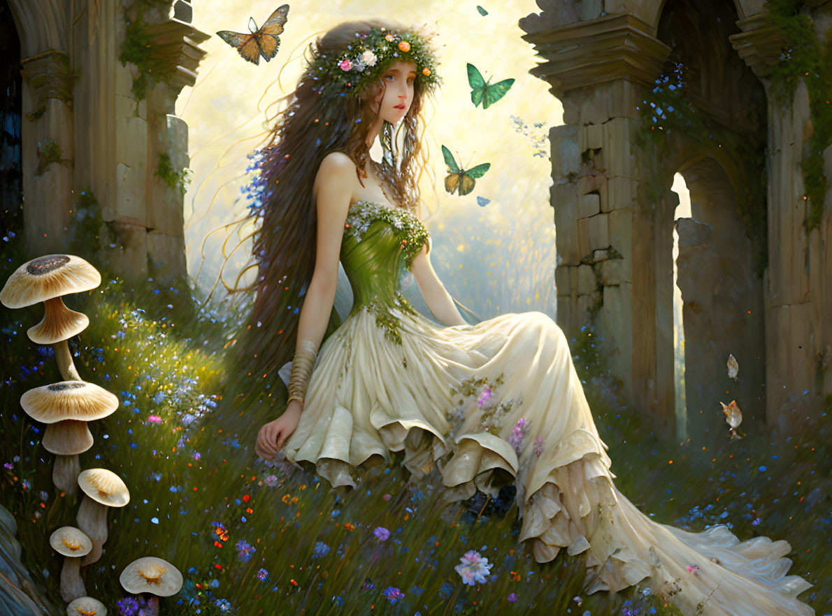 Whimsical woman surrounded by butterflies and blooming flora in sunlit glade