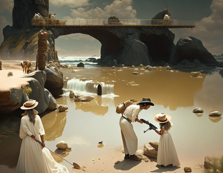 Surreal vintage family beach scene with oversized rocks and waterfall