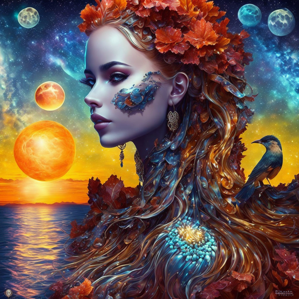 Fantasy artwork: Woman with autumn leaves, bird, celestial background