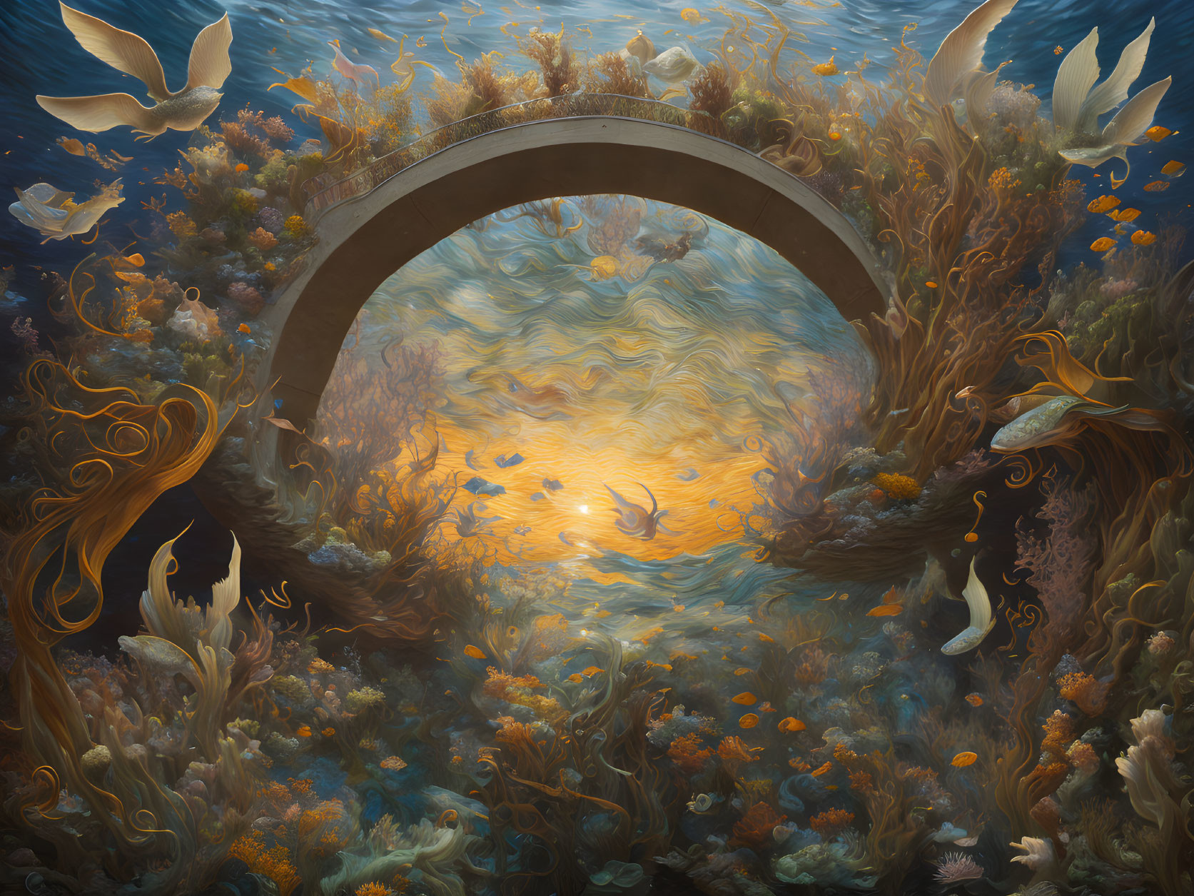 Vibrant marine life in fantastical underwater scene with stone archway and glowing orange light.