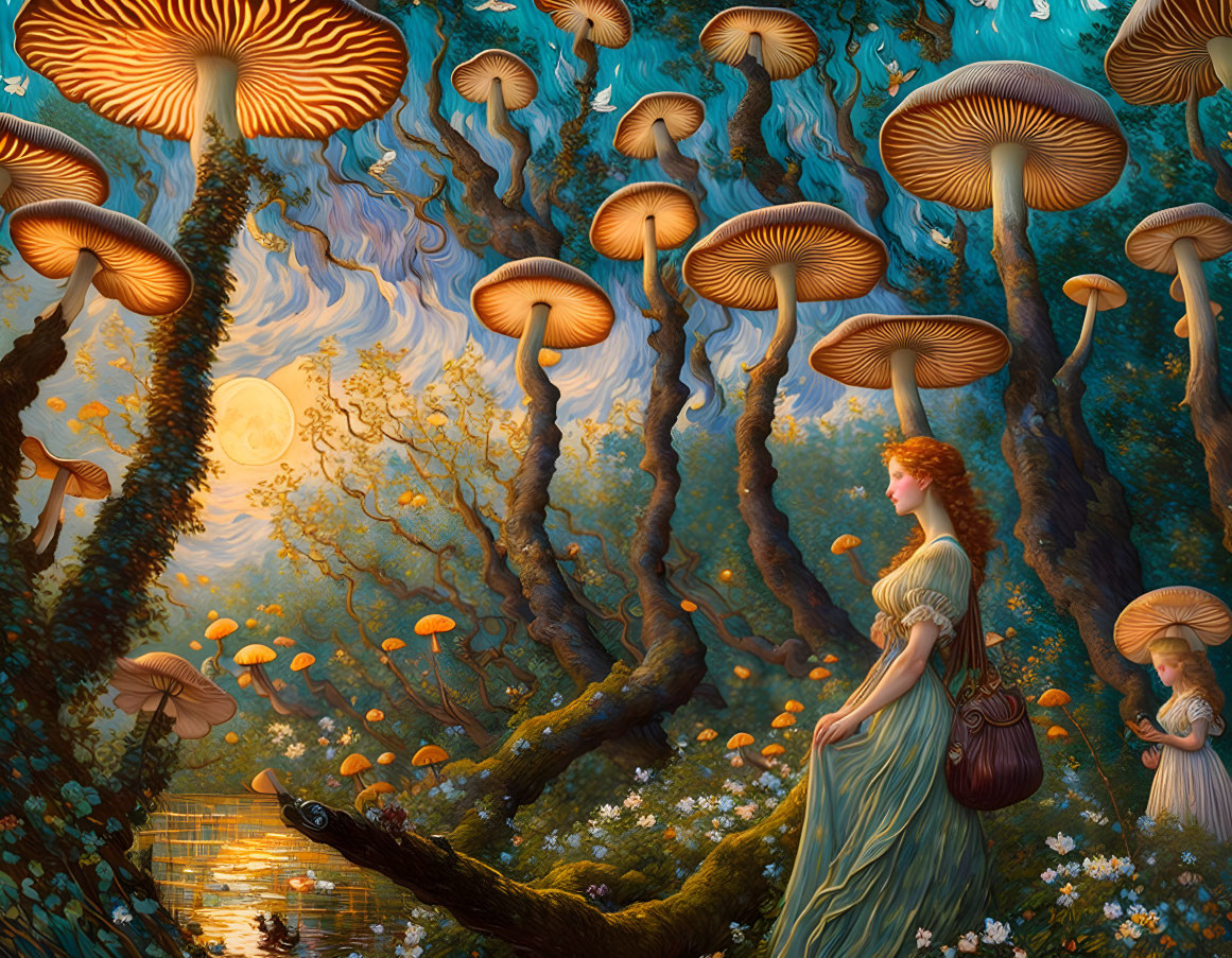 Enormous mushrooms in serene forest with two women in vintage dresses.