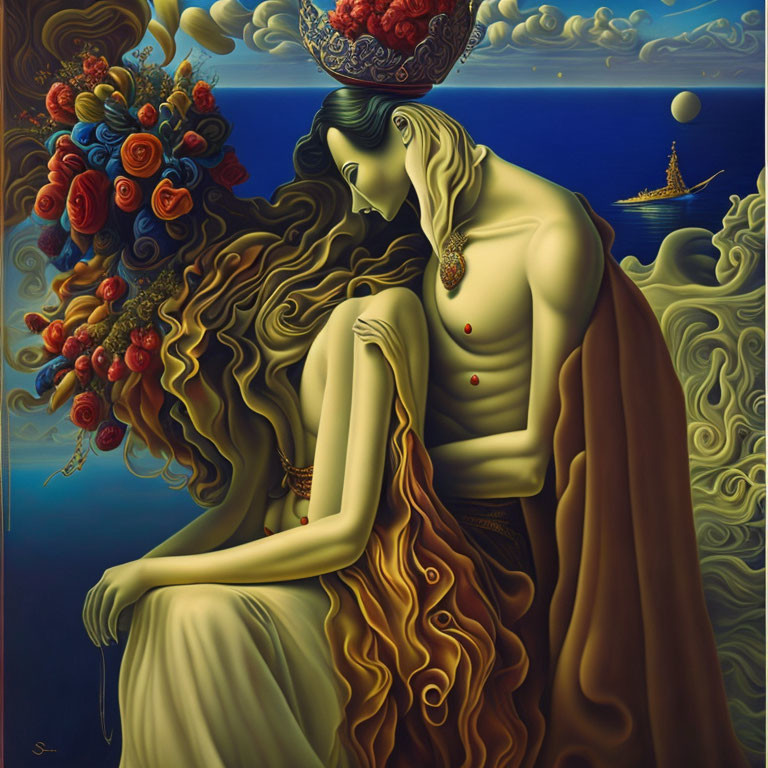 Surreal artwork: Woman with elongated proportions, flowing hair, crown of flowers, ship in