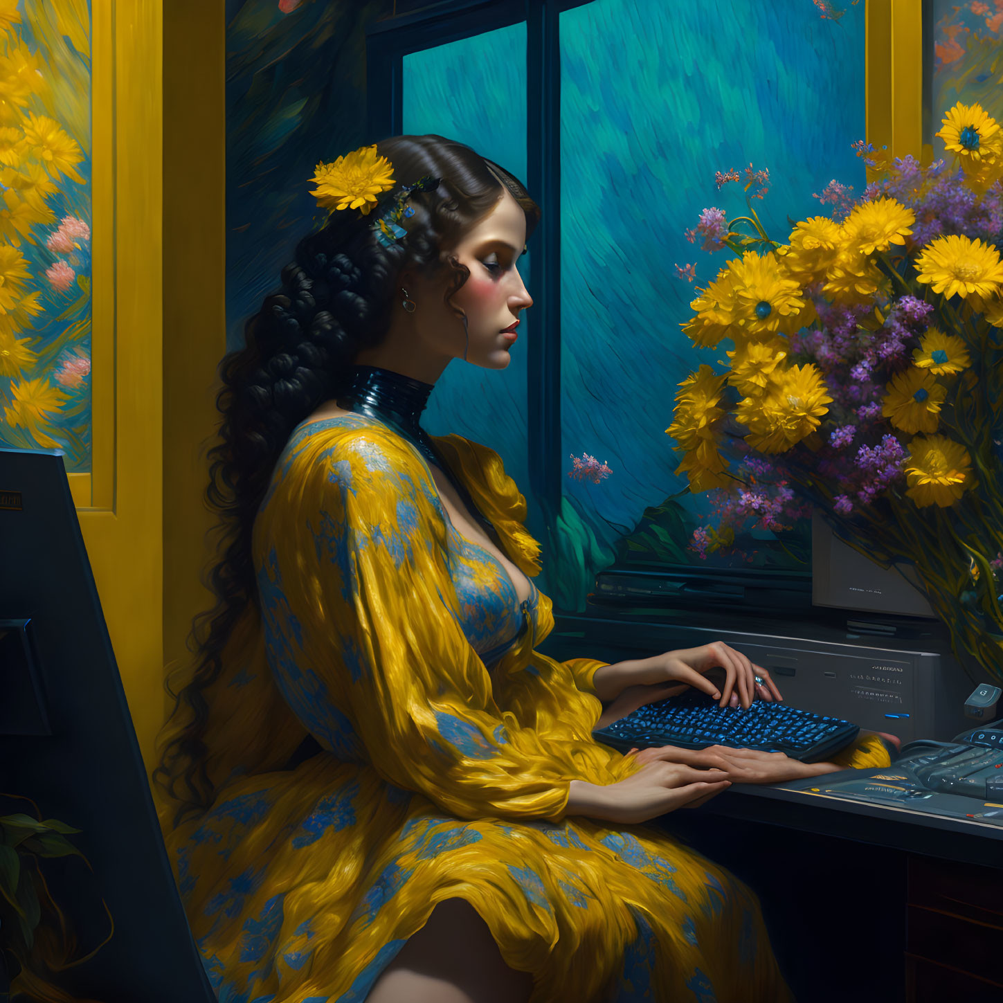 Woman in yellow floral dress at desk with computer and vibrant yellow flowers outside.