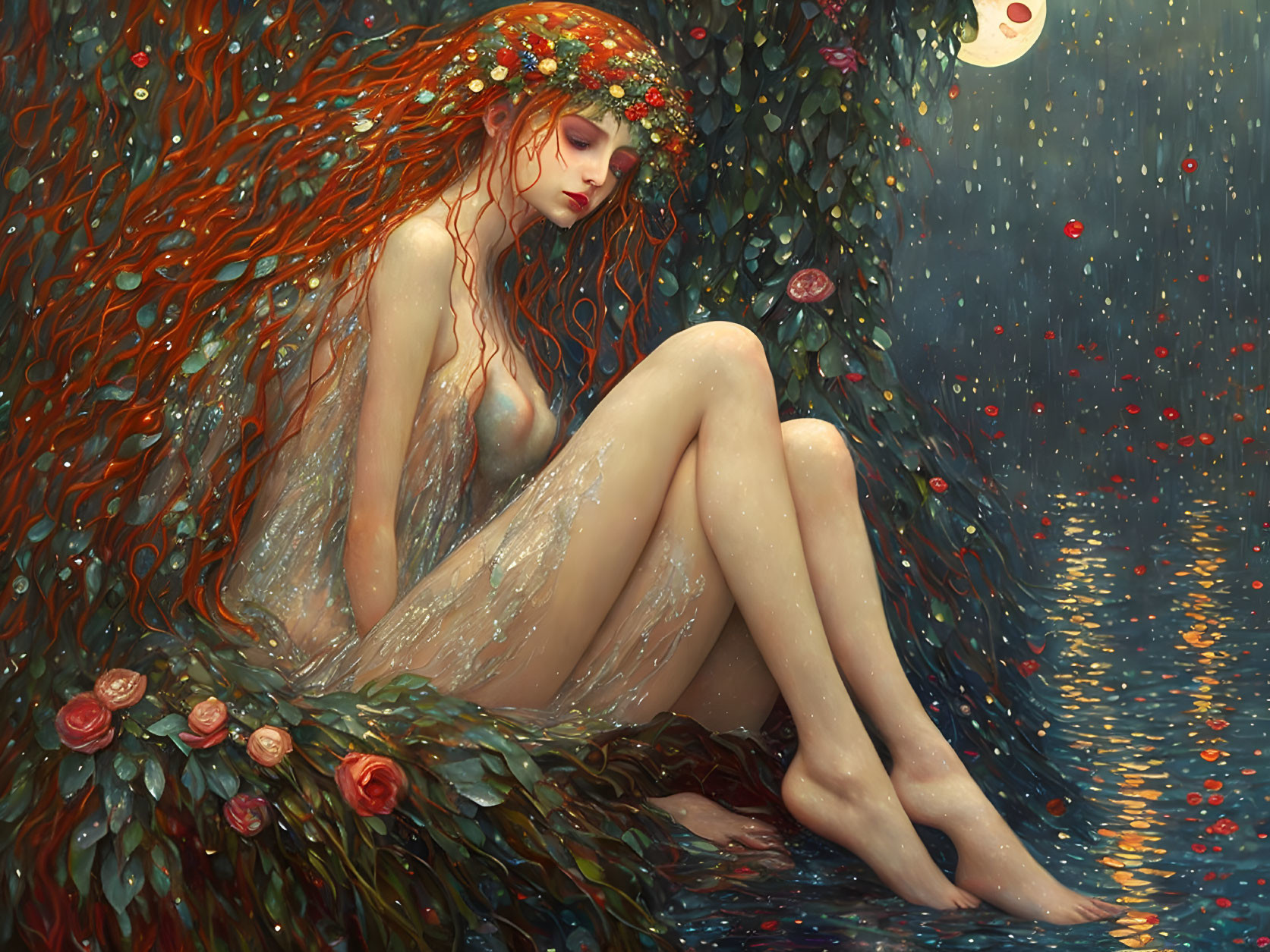 Ethereal painting: Red-haired woman with flowers in mystical setting