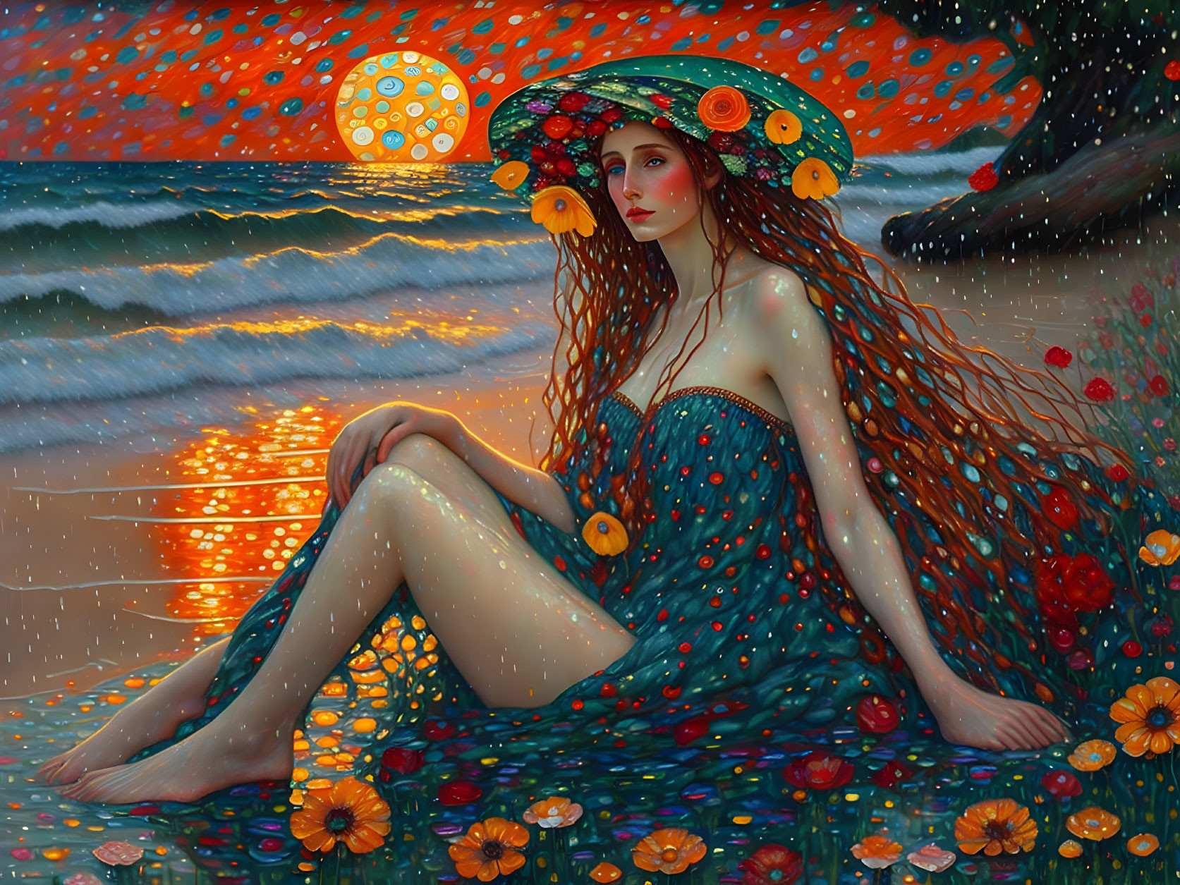 Illustration of woman with red hair in floral hat, sitting by sea under starry sky