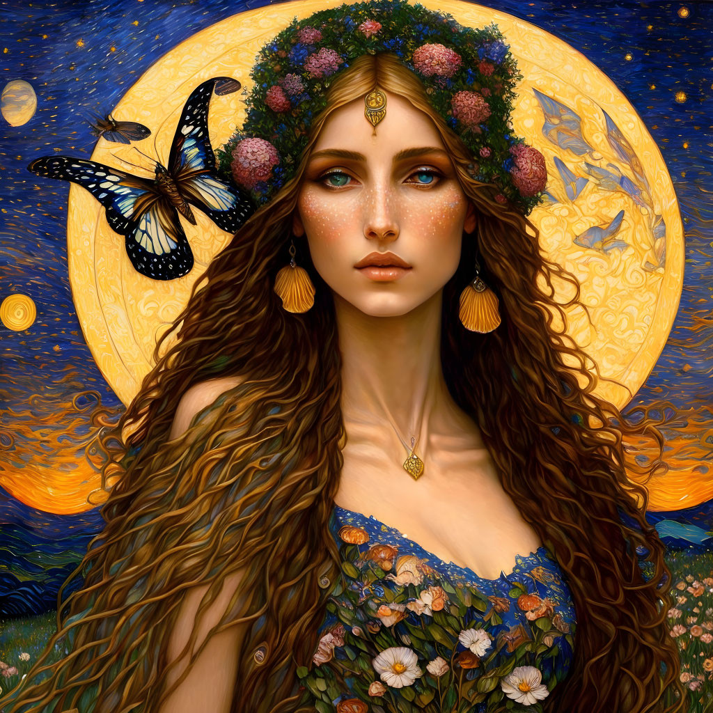 Woman adorned with flowers and butterfly in moonlit sky