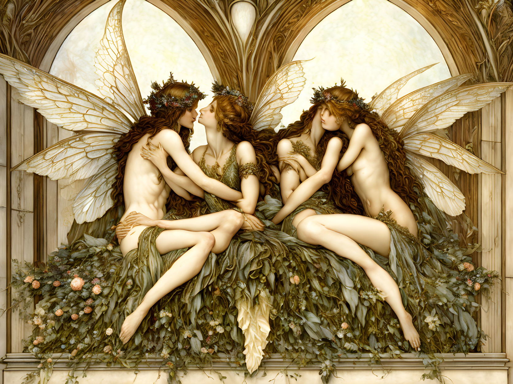 Ethereal beings with golden wings and wreaths in front of Gothic triptych