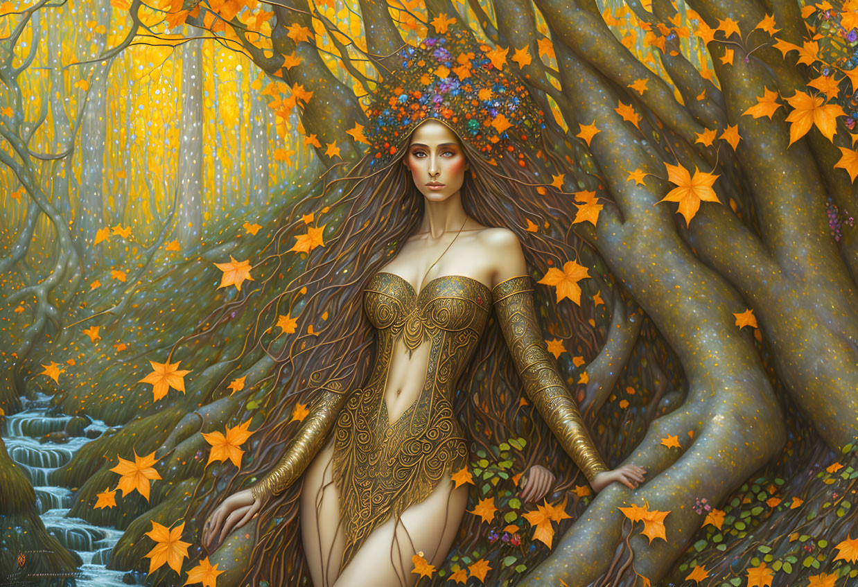 Fantastical female figure in golden armor among autumn leaves