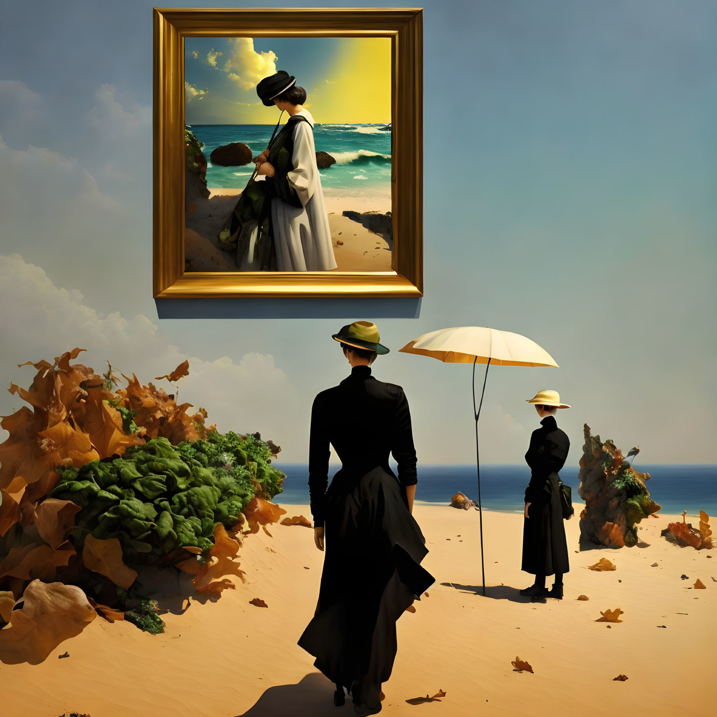 Surreal artwork with figures in vintage attire and beach painting