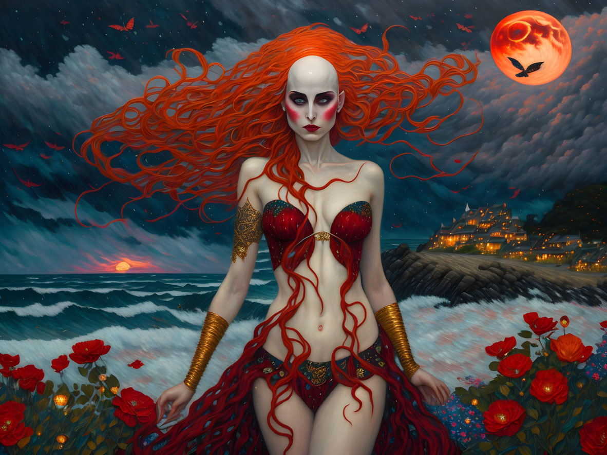 Fantasy image: Woman with red hair in red & gold costume by sea with roses & red moon