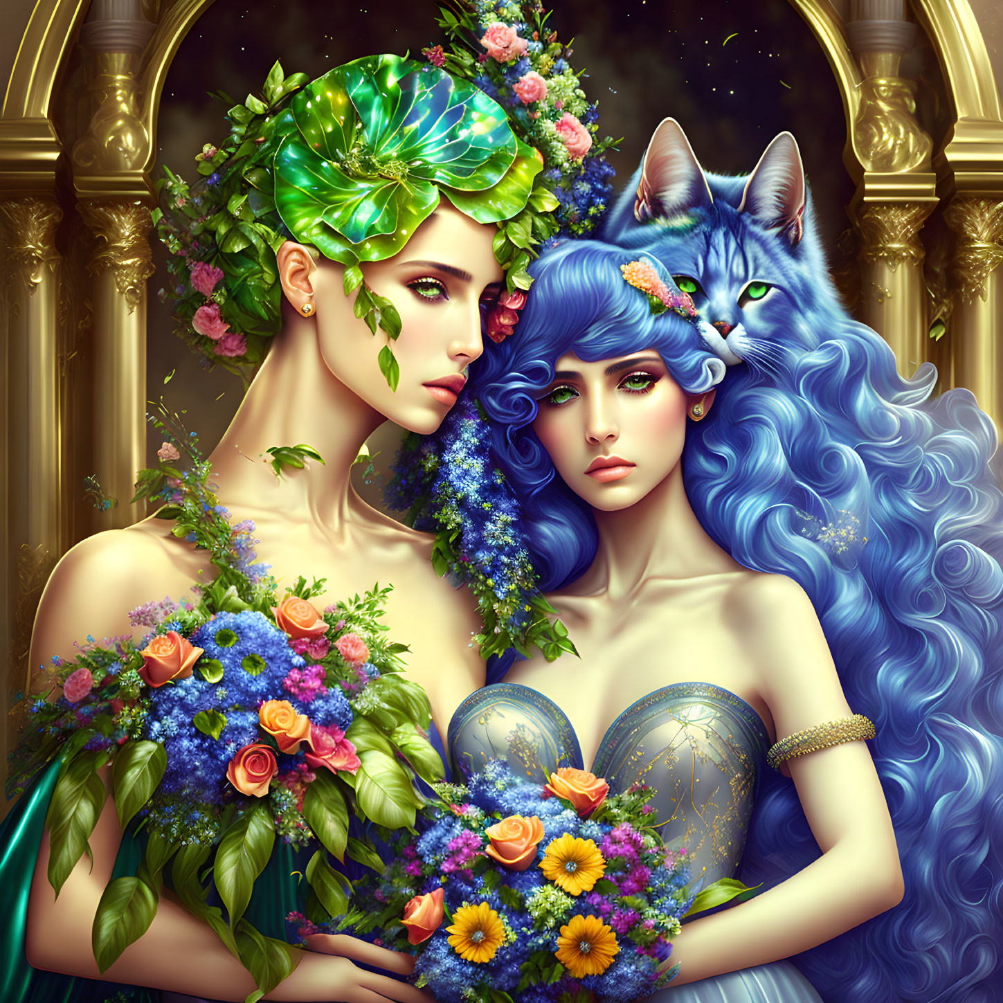 Vibrant Blue-Haired Female Figures with Mystical Cat on Ornate Golden Background