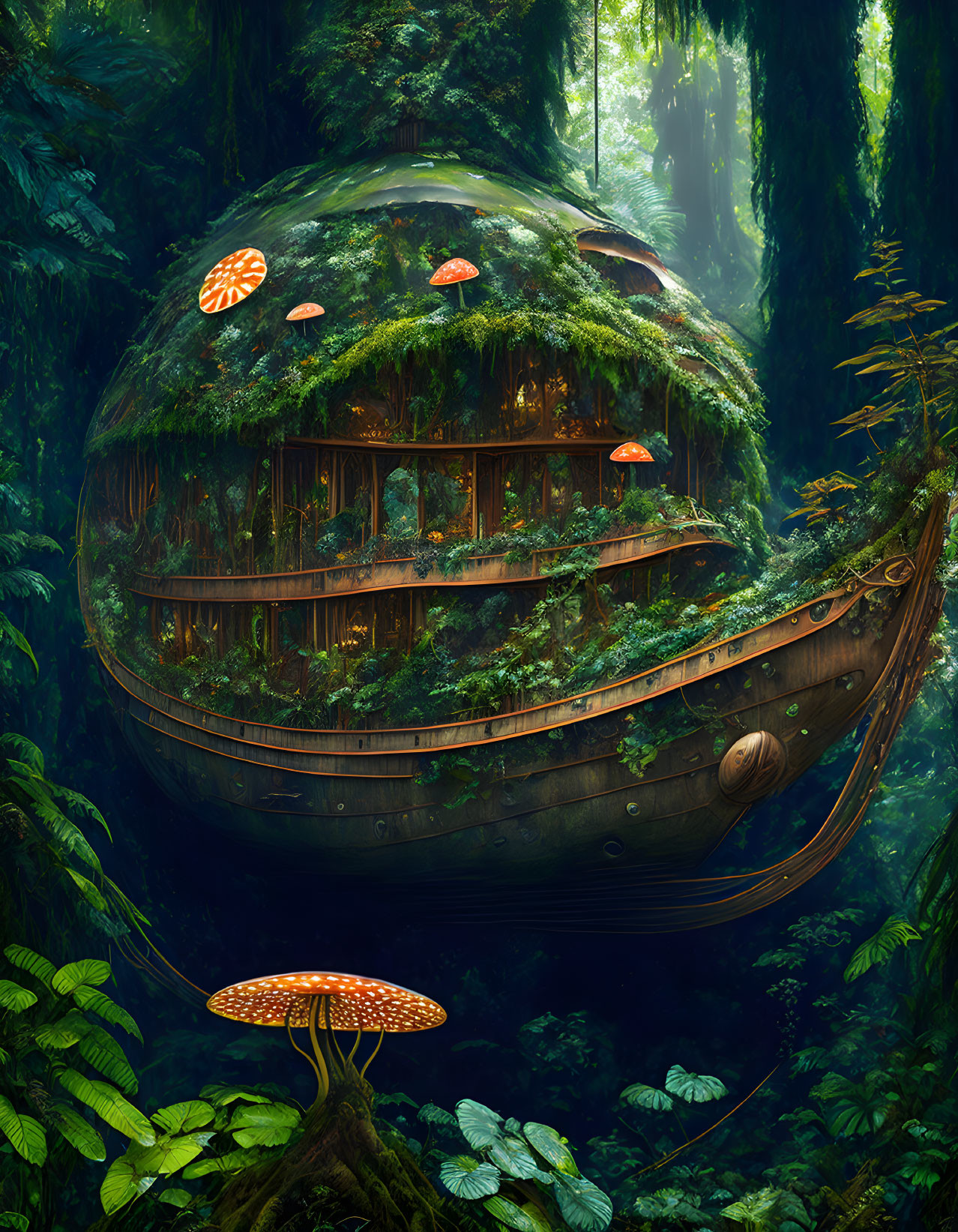 Forest Scene: Old Ship Turned Mossy Dwelling & Mushroom Accents