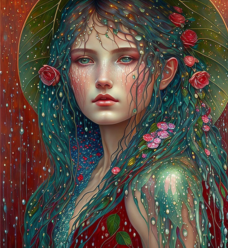 Digital painting of woman with green hair, floral hat, dreamy expression, dewdrops.