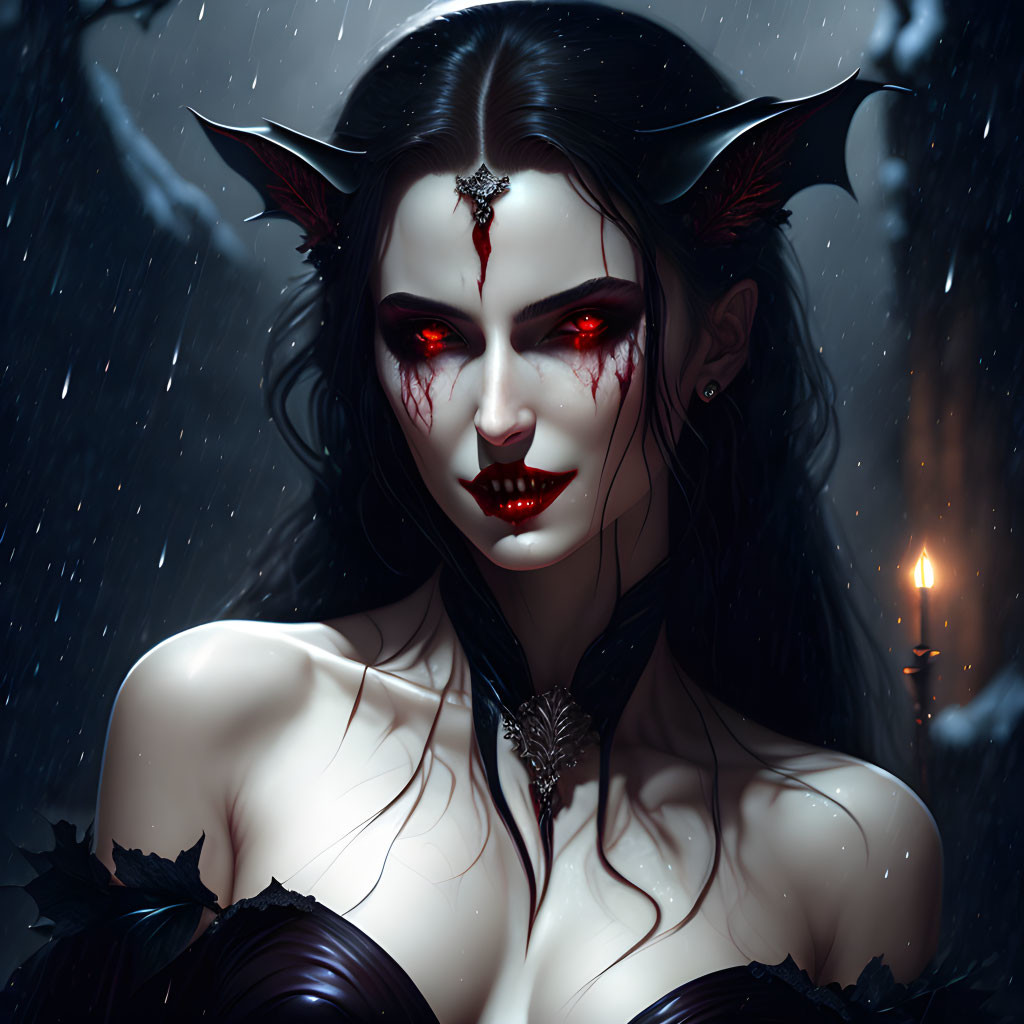 Illustration of female demon with red eyes in dark attire, holding candle in snowy night.