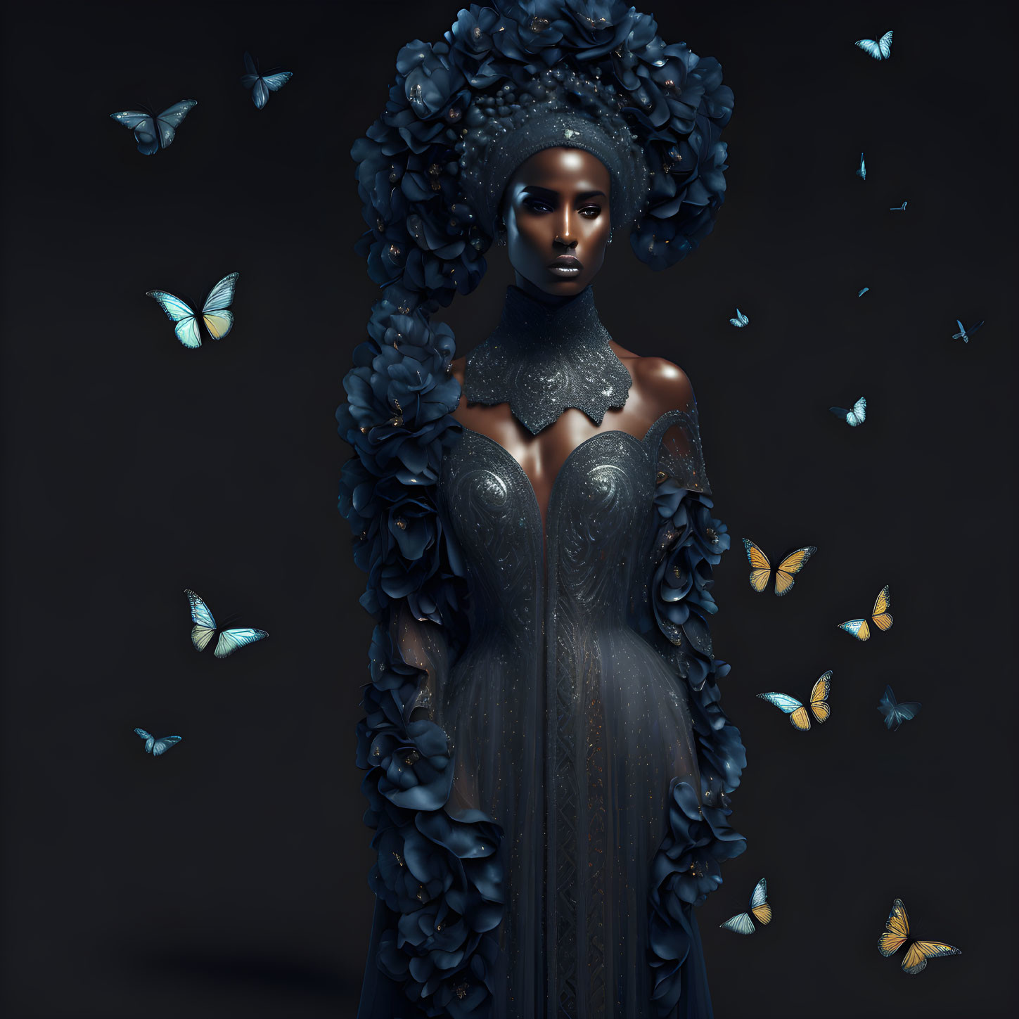 Woman in Luxurious Floral Headdress and Gown with Ethereal Butterflies