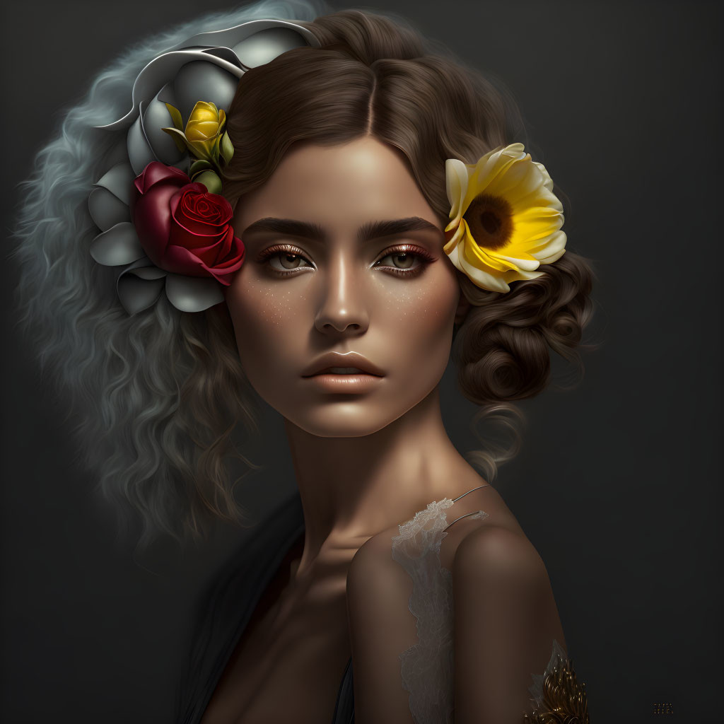 Elaborate Hairstyle with Colorful Flowers and Detailed Makeup