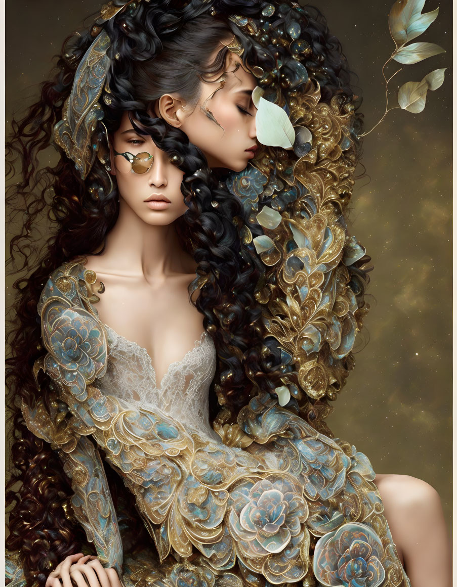 Two women in golden headdresses with butterflies, emitting a mystical vibe.