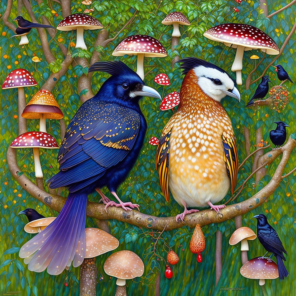 Colorful stylized birds on branch with mushrooms in lush green background