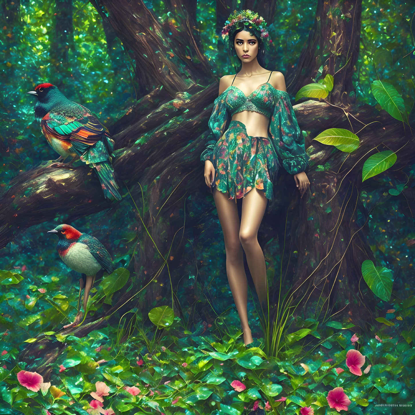 Woman in Green Outfit Surrounded by Birds and Foliage