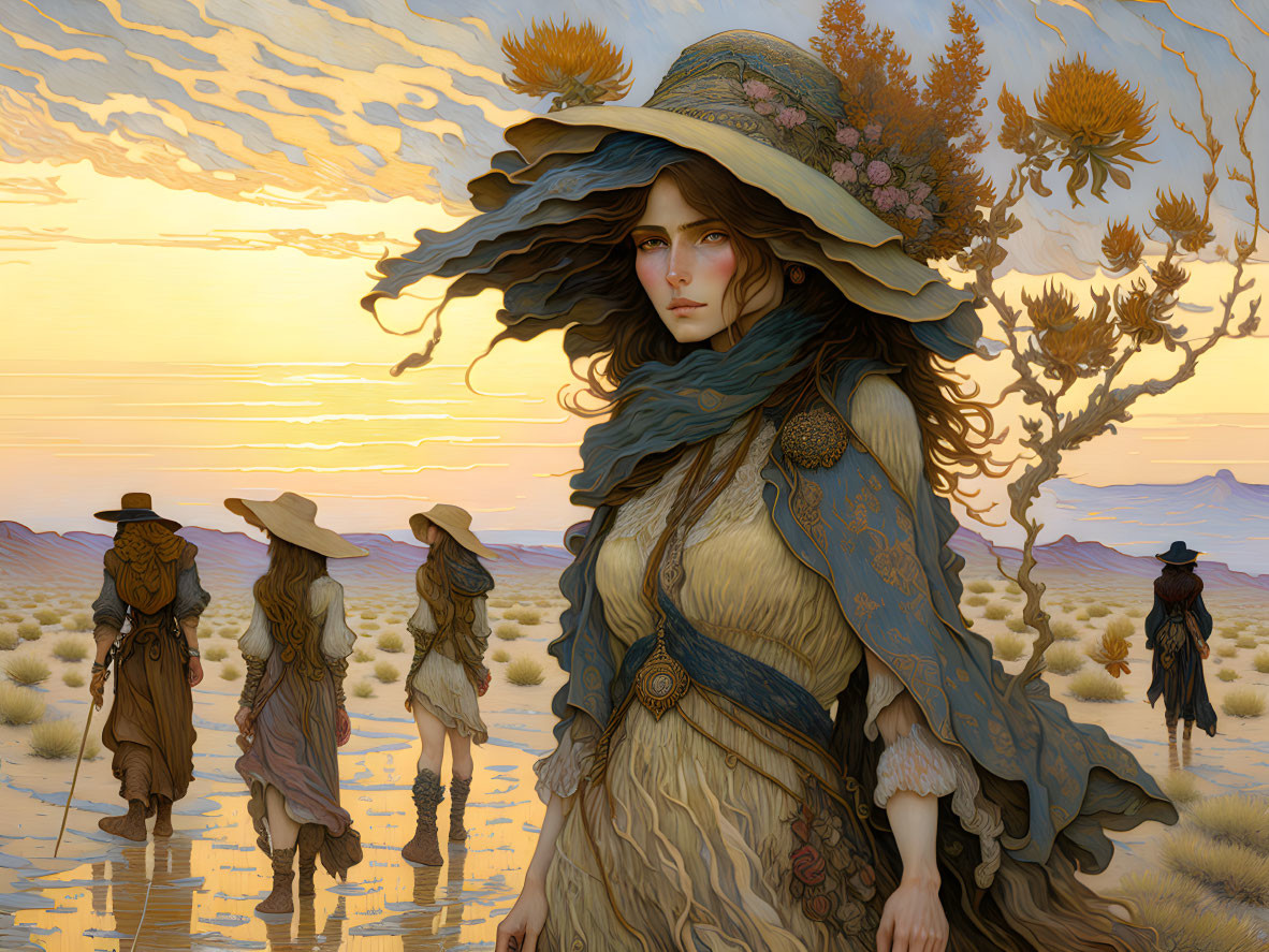 Detailed illustration: Woman in elaborate hat and cloak with figures in desert landscape.