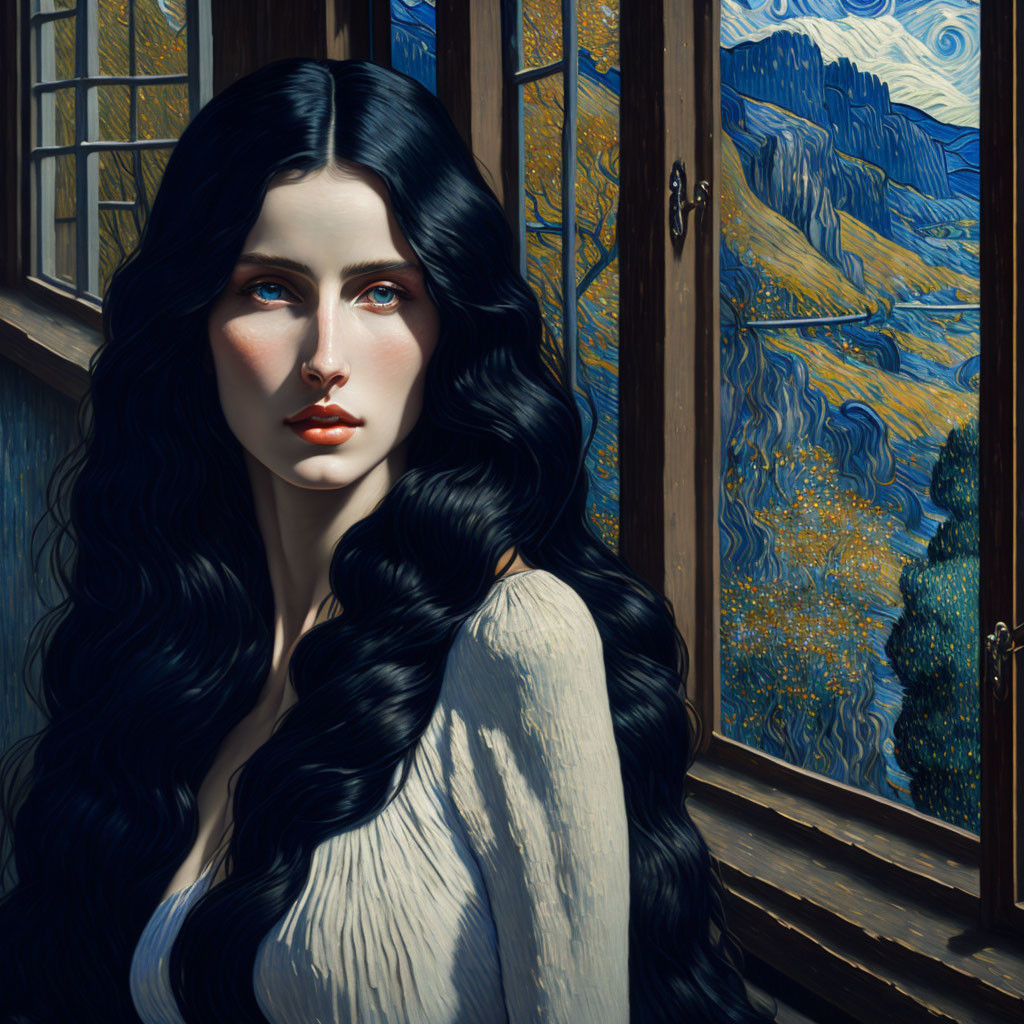 Pale woman with black hair and blue eyes looking out window at Van Gogh style landscape