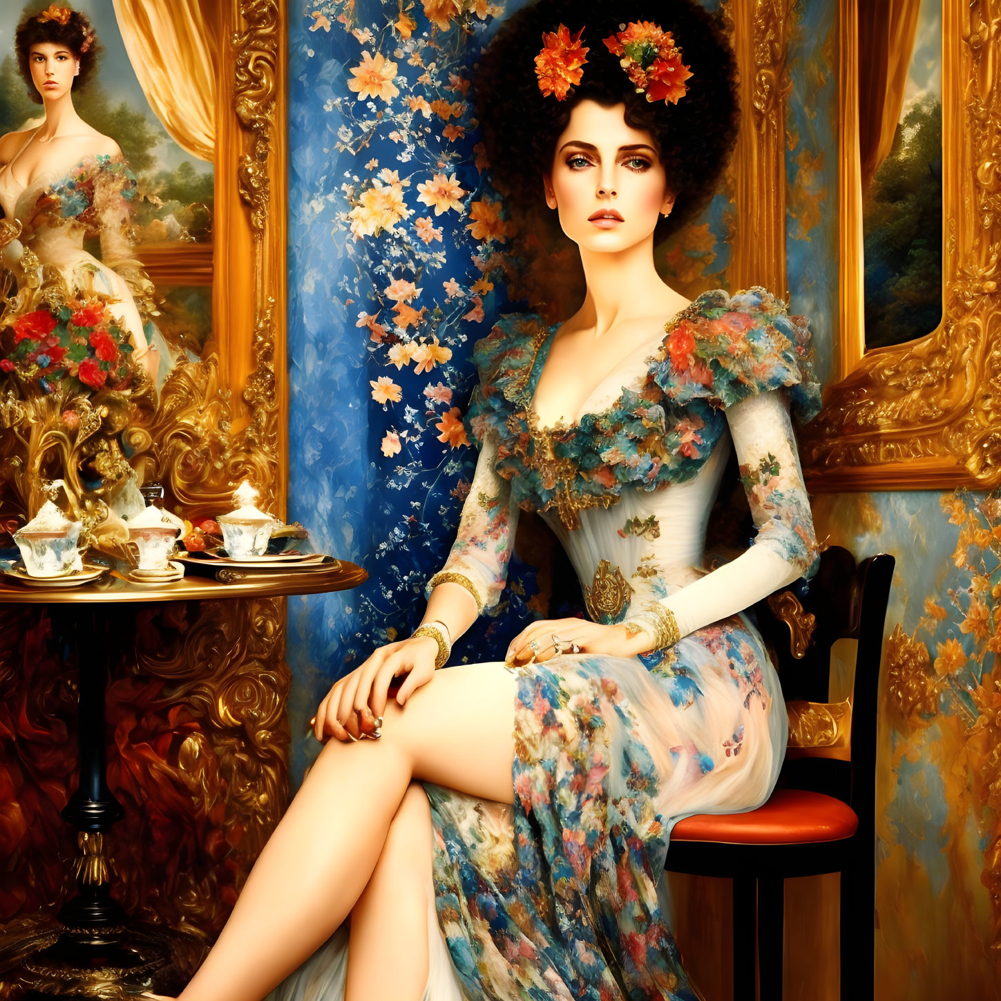 Illustrated woman in floral dress amid opulent interior décor