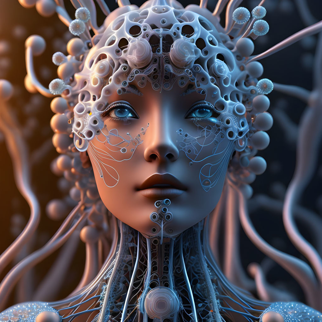 Intricate 3D-rendered female figure with bio-mechanical design