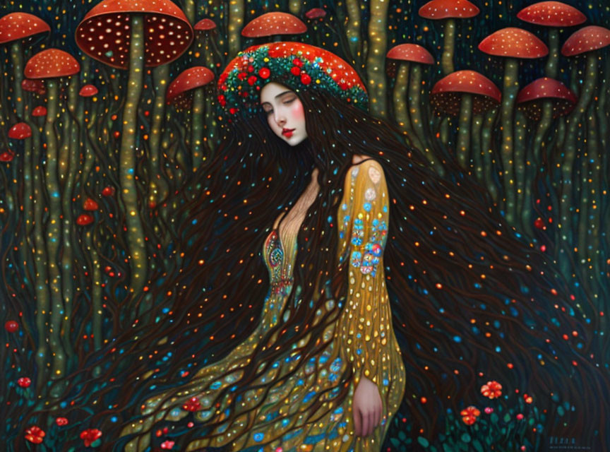 Surreal artwork: Woman with long hair in mushroom forest outfit