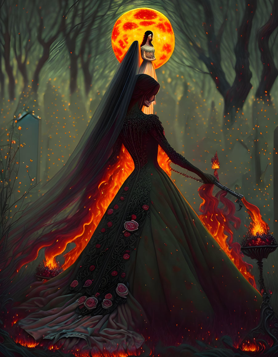 Woman in fiery dress under blood-red moon with lantern in dark forest