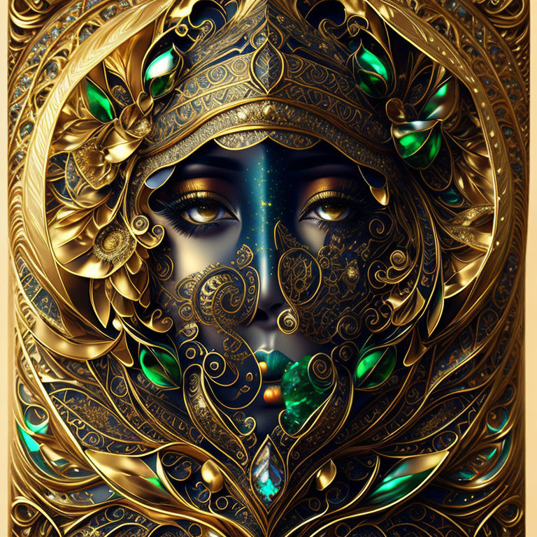 Detailed Illustration: Woman's Face with Gold & Blue Ornamental Jewelry