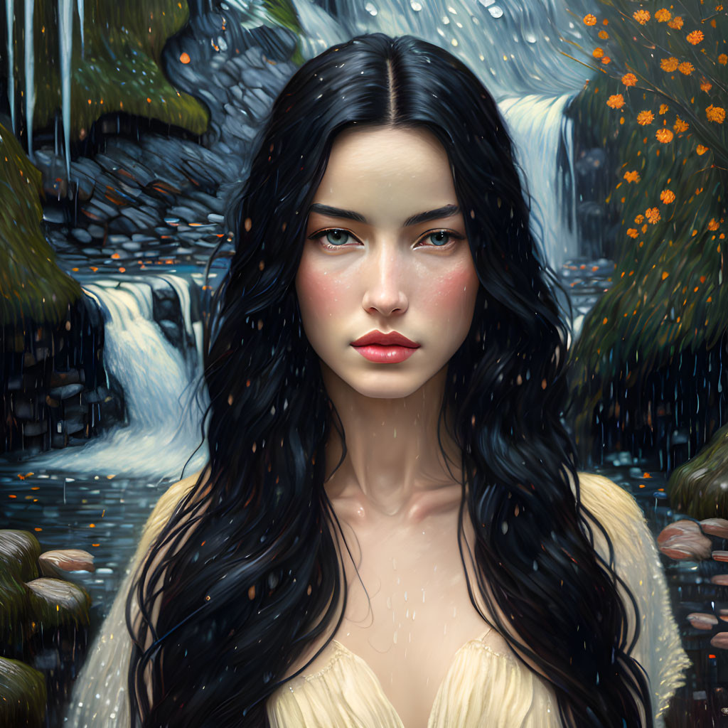 Digital artwork: Woman with black hair near waterfall in rain shower