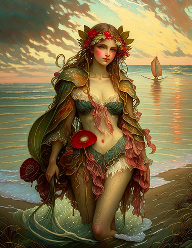 Fantasy artwork: Mermaid with poppies and seashells by the seashore